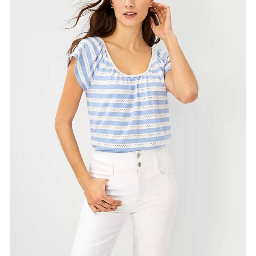 Ann Taylor Top Womens Large Blue Ivory Lacy Striped Textured Scoop Neck Beachy